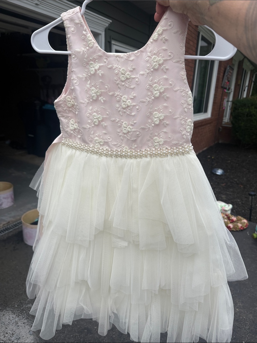 Girls Pink and Cream Floral Pearl Tulle Party Dress